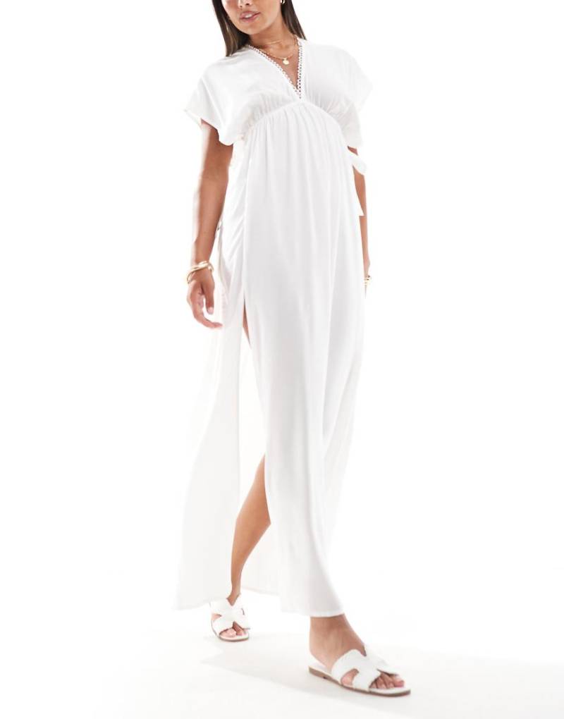 ASOS DESIGN - Faye - Maxi-Strandkleid in Weiß mit Flatterärmeln und gebundenem Tunnelzug in der Taille von ASOS DESIGN