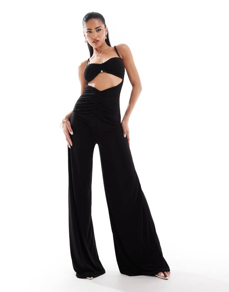 ASOS DESIGN - Figurbetonter Jumpsuit in Schwarz mit weitem Bein, schmalen Trägern und Verzierung-Lila von ASOS DESIGN
