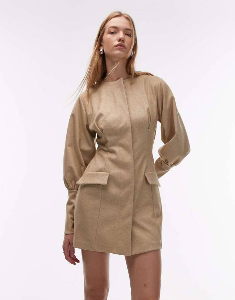 ASOS DESIGN - Figurbetontes Blazer-Minikleid in Steinbeige mit Puffärmeln-Neutral von ASOS DESIGN