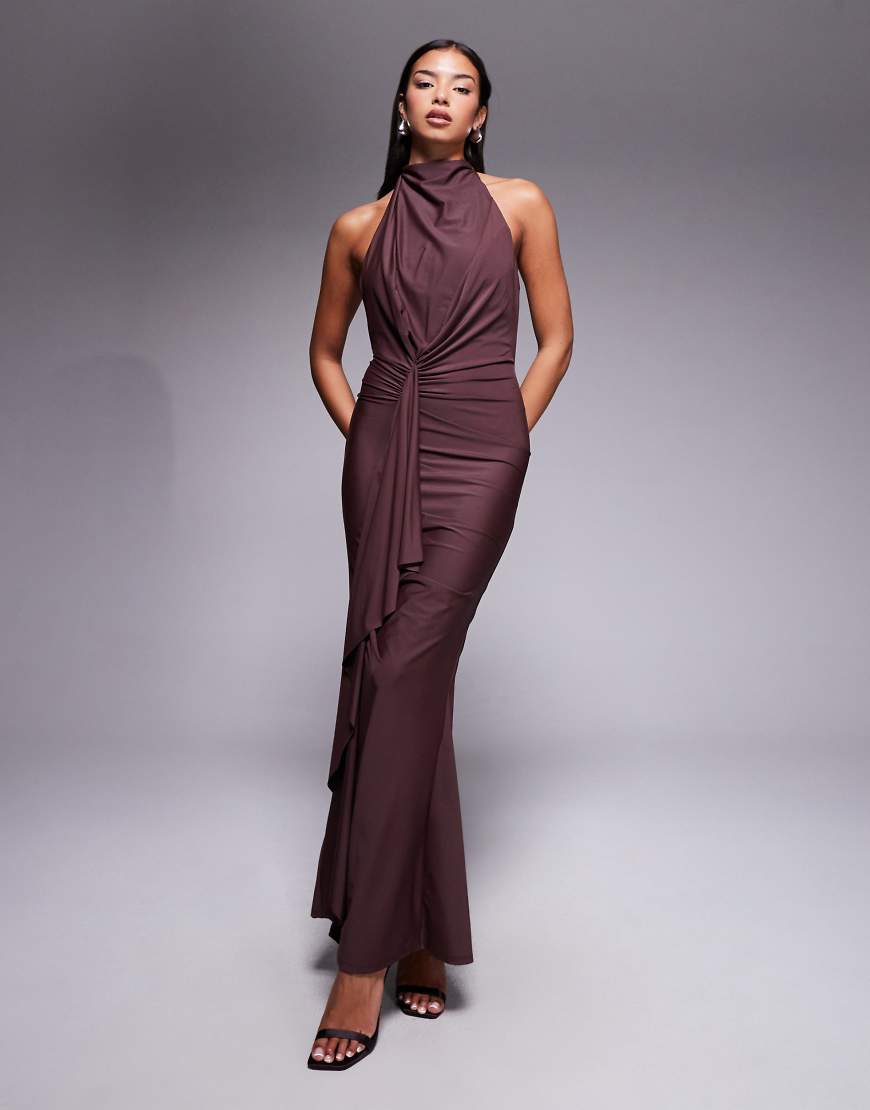 ASOS DESIGN - Figurformendes, hochgeschlossenes Jersey-Maxikleid in Braun mit Drapierung und Rüschen-Brown von ASOS DESIGN