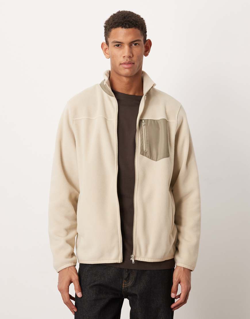 ASOS DESIGN - Fleece-Jacke mit Reißverschluss und Tasche in Beige-Neutral von ASOS DESIGN