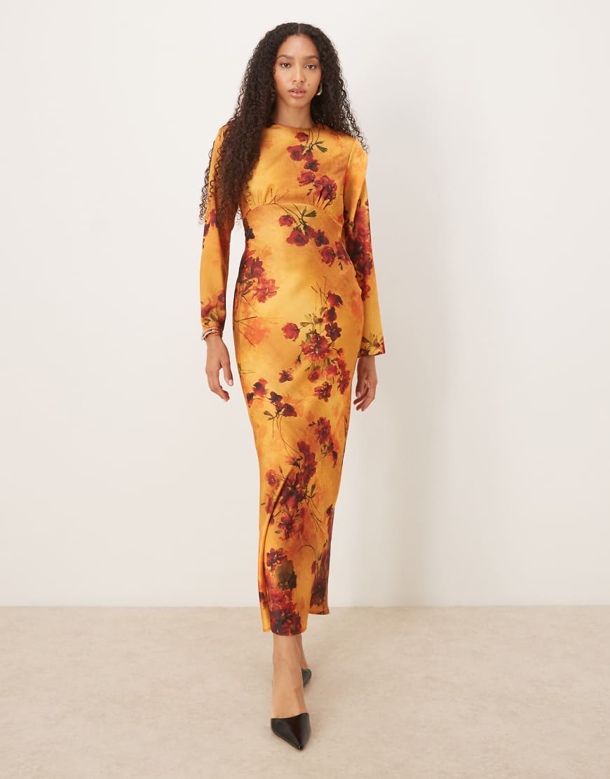 ASOS DESIGN - Fließendes Maxikleid aus Satin in Orange mit Detail an der Brustpartie und Blumenmuster-Bunt ASOS DESIGN - Fließendes Maxikleid aus Satin in Orange mit Detail an der Brustpartie und Blumenmuster-Bunt von ASOS DESIGN