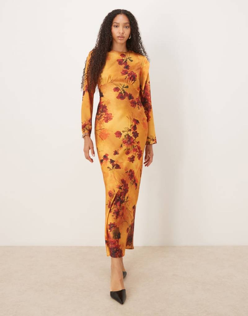 ASOS DESIGN - Fließendes Maxikleid aus Satin in Orange mit Detail an der Brustpartie und Blumenmuster-Bunt ASOS DESIGN - Fließendes Maxikleid aus Satin in Orange mit Detail an der Brustpartie und Blumenmuster-Bunt von ASOS DESIGN