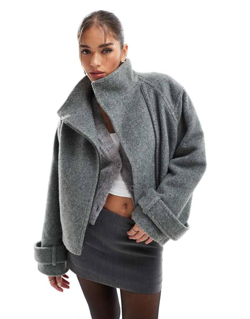ASOS DESIGN - Formelle, angeraute Motorradjacke in Anthrazit mit Trichterausschnitt-Grau von ASOS DESIGN