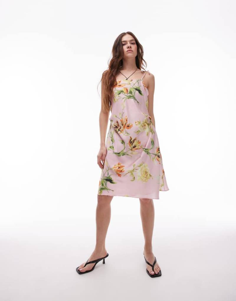 ASOS DESIGN - Geblümtes, mittellanges Schlupfkleid mit Schnürung vorn-Bunt von ASOS DESIGN