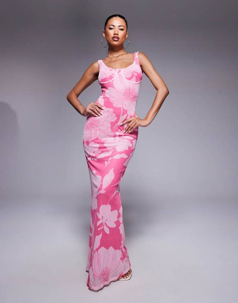 ASOS DESIGN - Geblümtes Maxikleid in Rosa mit Bardot-Ausschnitt-Bunt von ASOS DESIGN