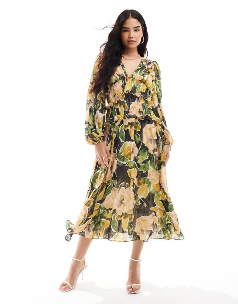 ASOS DESIGN - Geblümtes Midikleid in Grün mit Struktur, tiefem Ausschnitt und Rüschen-Bunt von ASOS DESIGN