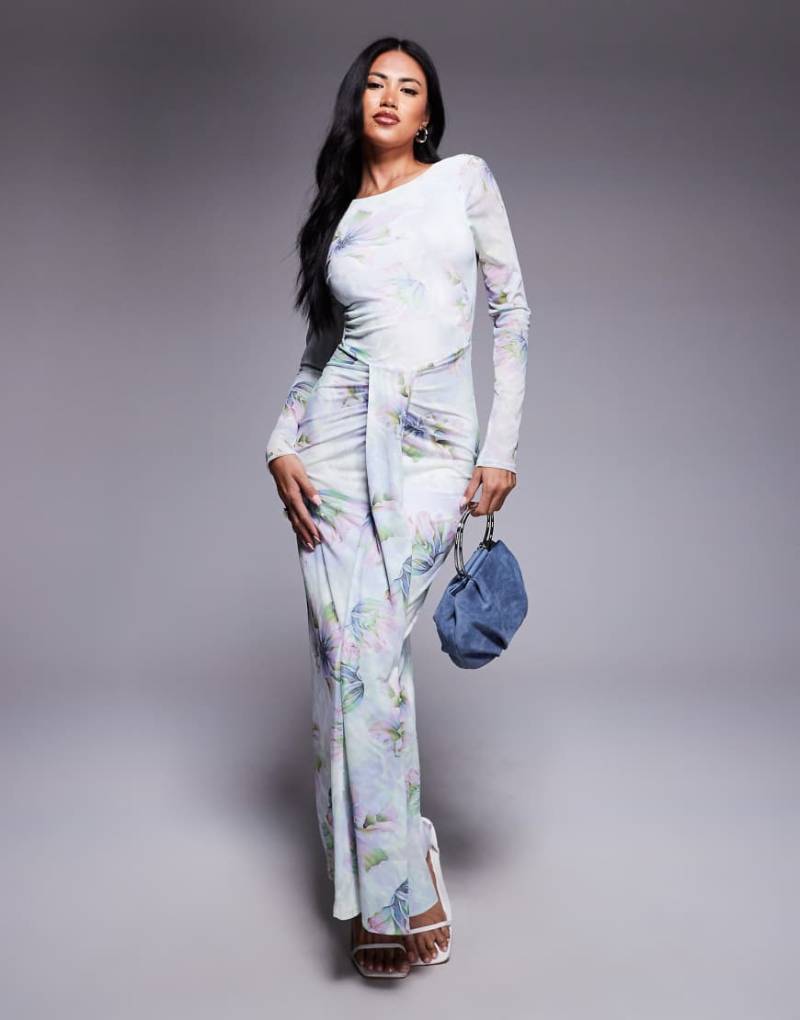 ASOS DESIGN - Geblümtes langärmliges Maxikleid aus Netzstoff mit U-Boot-Ausschnitt und Rückenausschnitt-Bunt von ASOS DESIGN