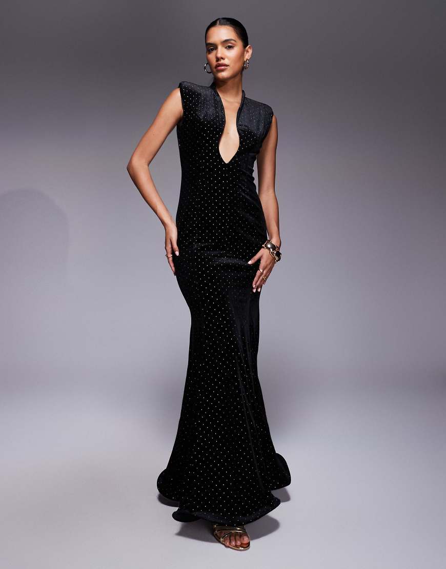ASOS DESIGN - Premium - Figurbetontes Samt-Maxikleid in Schwarz mit tiefem Ausschnitt und Schwalbenschwanz-Saum von ASOS DESIGN