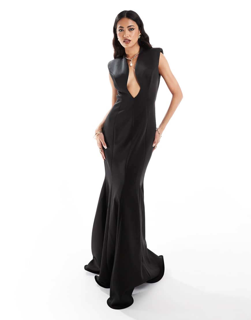 ASOS DESIGN - Geformtes Maxikleid in schwarzer Neoprenoptik mit tiefem Ausschnitt und Fischschwanz-Design von ASOS DESIGN