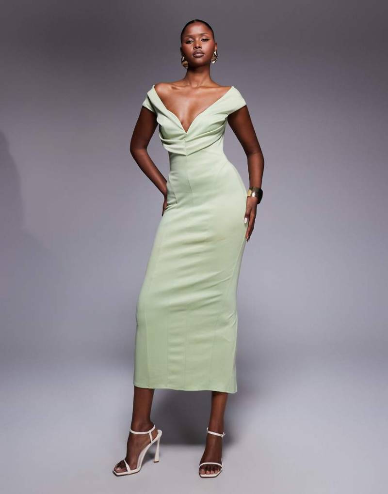 ASOS DESIGN - Geformtes Midi-Bleistiftkleid in Salbeigrün mit Bardot-Kragen von ASOS DESIGN