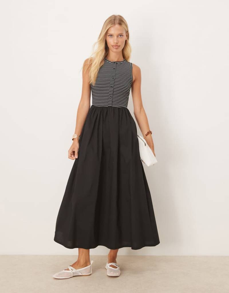 ASOS DESIGN - Geknöpftes, gestreiftes Midikleid in Schwarz-Weiß mit Popeline-Rock und Ringerrücken-Marineblau von ASOS DESIGN
