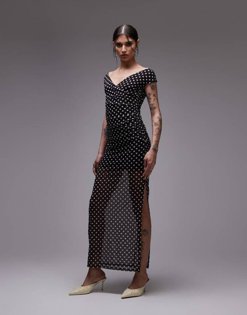 ASOS DESIGN - Gepunktetes Wickel-Maxikleid aus Netzstoff in Schwarz-Bunt von ASOS DESIGN