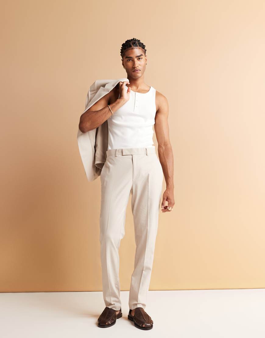 ASOS DESIGN - Gerade geschnittene Anzughose aus Leinenmix in Steinbeige-Neutral von ASOS DESIGN