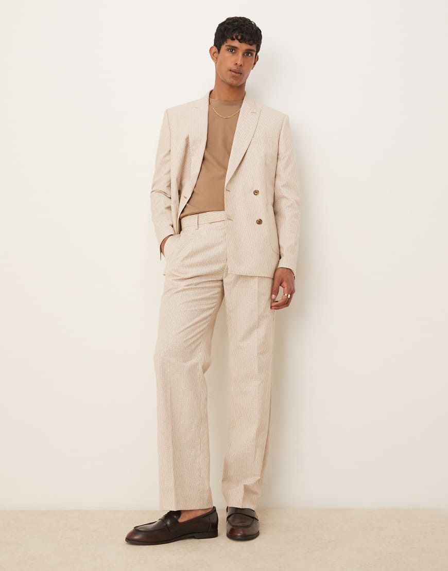 ASOS DESIGN - Gerade geschnittene Anzughose aus Leinen in gestreiftem Steinbeige-Neutral von ASOS DESIGN
