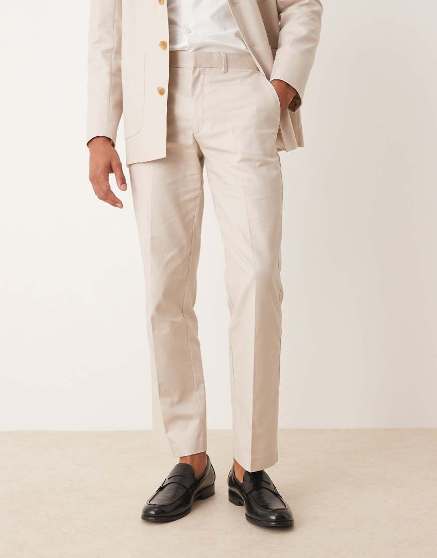 ASOS DESIGN - Gerade geschnittene Twill-Anzughose aus Baumwoll-Leinenmix in Steinbeige-Neutral von ASOS DESIGN