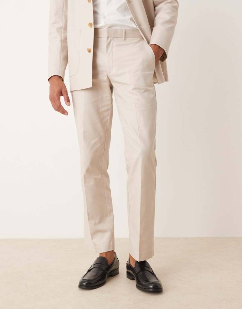 ASOS DESIGN - Gerade geschnittene Twill-Anzughose aus Baumwoll-Leinenmix in Steinbeige-Neutral von ASOS DESIGN
