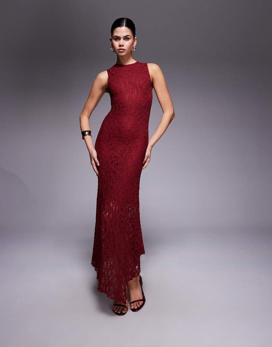 ASOS DESIGN - Gerade geschnittenes, ärmelloses Midikleid aus Spitze in Burgunderrot von ASOS DESIGN
