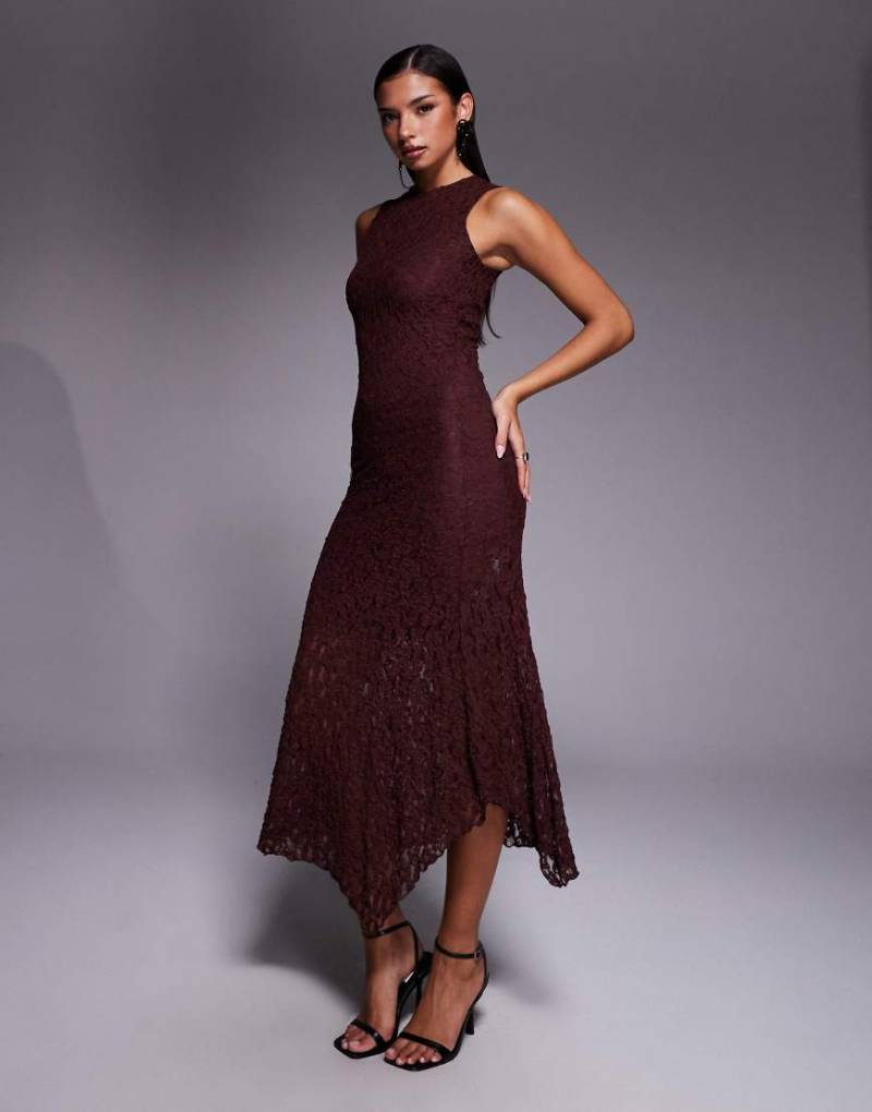 ASOS DESIGN - Gerade geschnittenes, ärmelloses Midikleid aus Spitze in Schokobraun-Brown von ASOS DESIGN