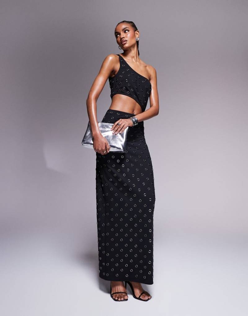 ASOS DESIGN - Gerade geschnittenes Maxikleid in Schwarz mit One-Shoulder-Träger und Nietenverzierung von ASOS DESIGN