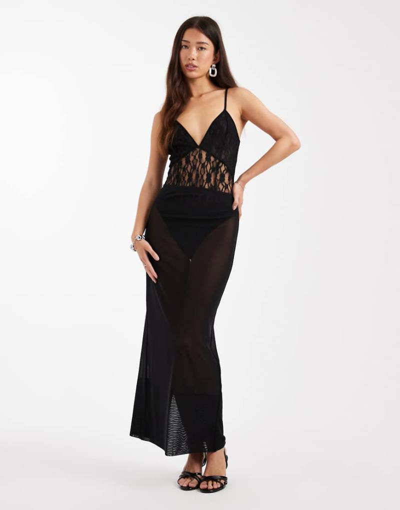 ASOS DESIGN - Gerader Maxirock aus transparentem Netzstoff in Schwarz mit tiefem Saum, Kombiteil von ASOS DESIGN