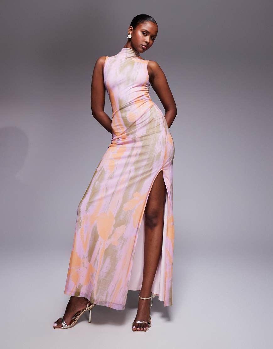 ASOS DESIGN - Gerafftes, hochgeschlossenes Netzstoff-Maxikleid mit abstraktem Muster und asymmetrischem Saum-Bunt ASOS DESIGN - Gerafftes, hochgeschlossenes Netzstoff-Maxikleid mit abstraktem Muster und asymmetrischem Saum-Bunt von ASOS DESIGN