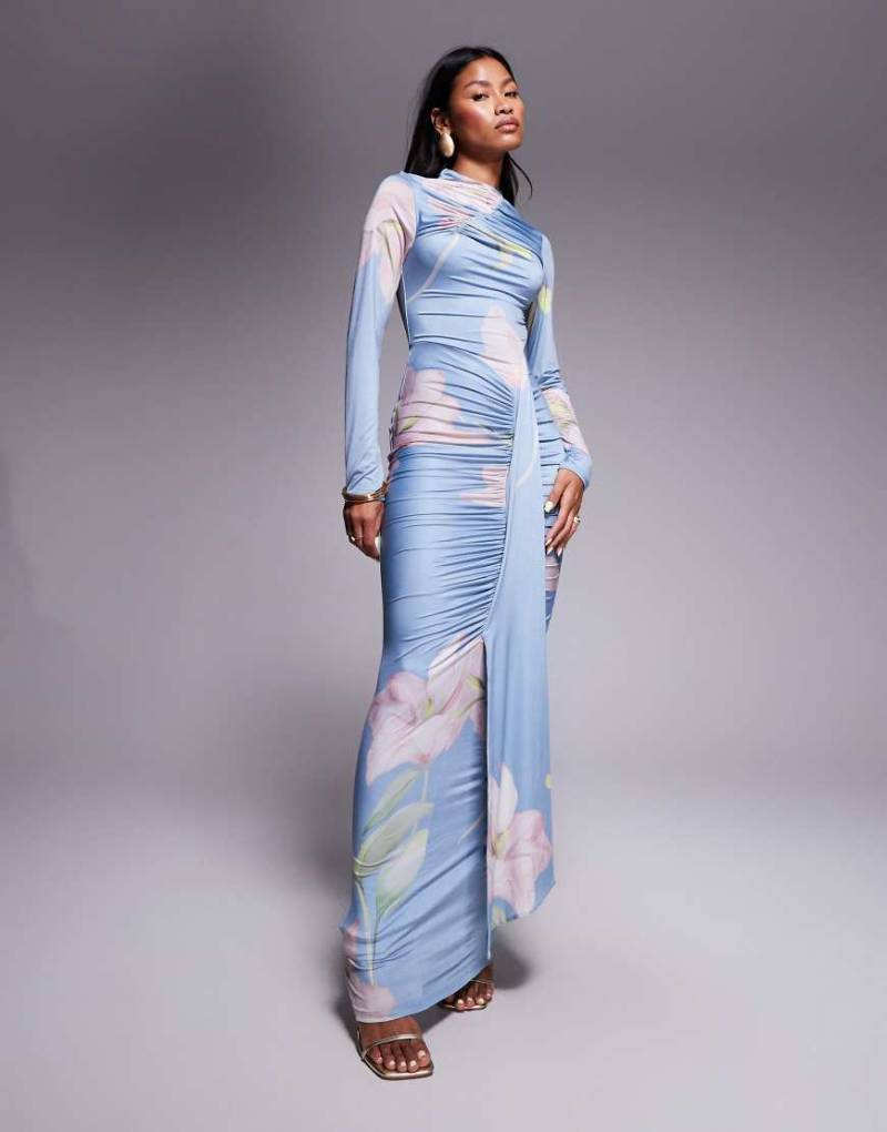 ASOS DESIGN - Gerafftes, langärmliges Maxikleid mit Blumenprint-Bunt von ASOS DESIGN