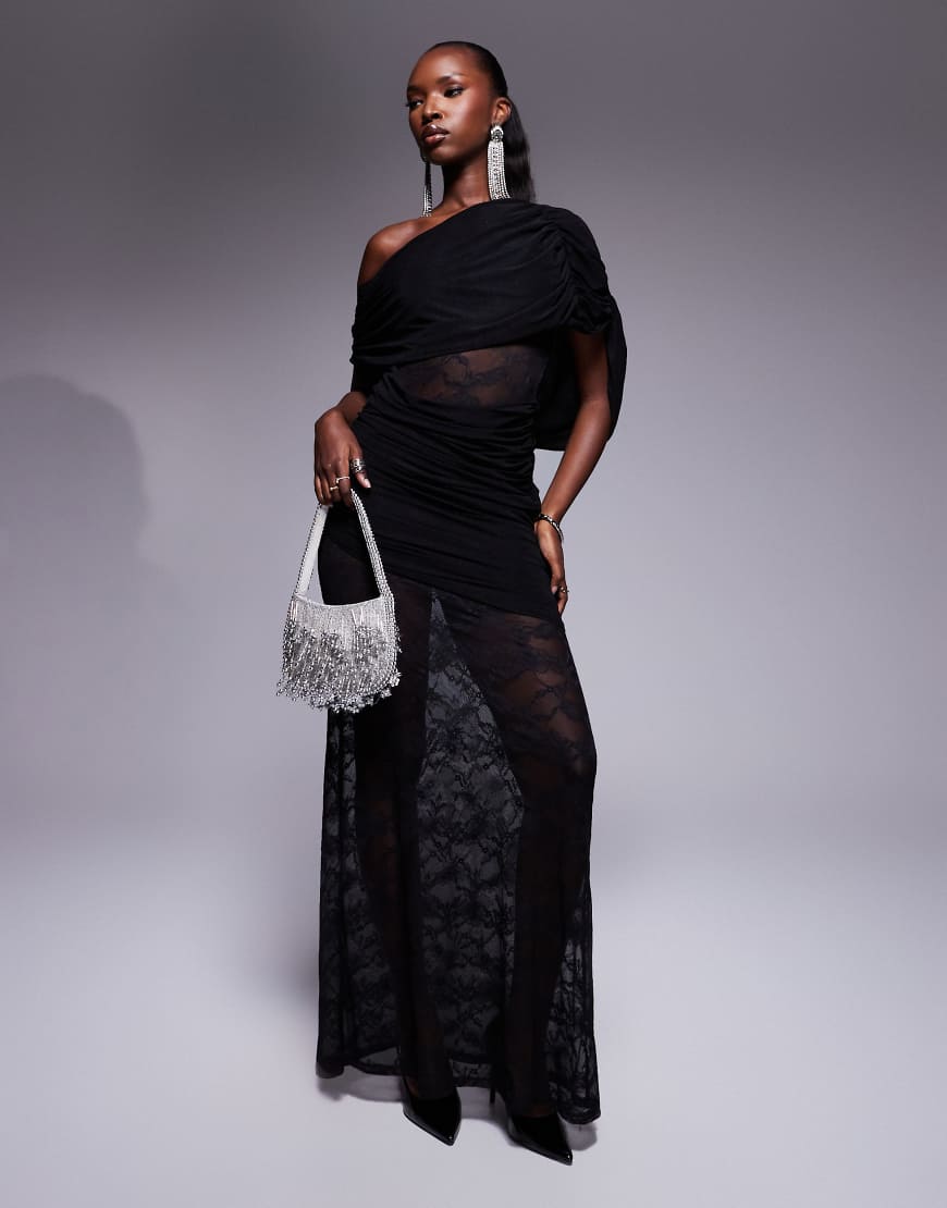 ASOS DESIGN - Gerafftes, schulterfreies Maxikleid in Schwarz mit Spitzeneinsätzen von ASOS DESIGN