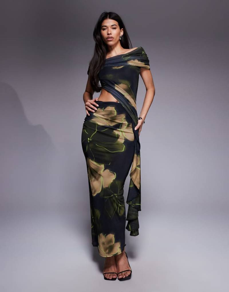 ASOS DESIGN - Gerafftes, schulterfreies Netzstoff-Midikleid mit gerüschtem Schärpendetail und Blumenmuster in Schwarz und Grün-Bunt von ASOS DESIGN