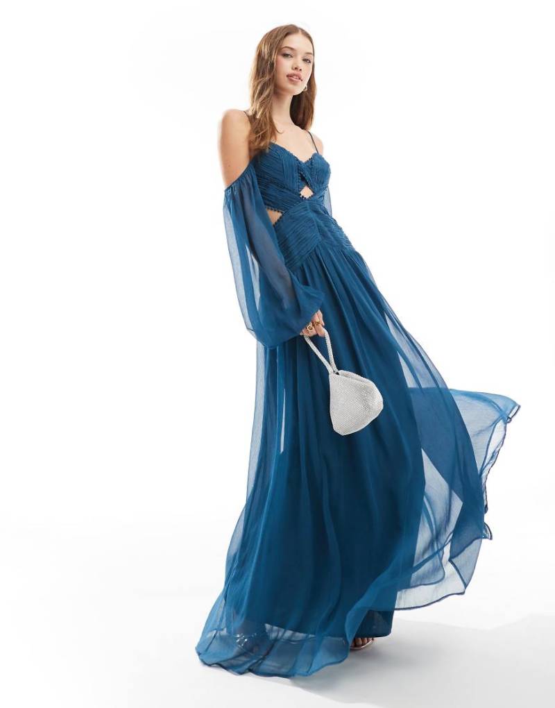 ASOS DESIGN - Gerafftes Maxikleid in Blaugrün mit Spitzeneinsatz und Zierausschnitten von ASOS DESIGN