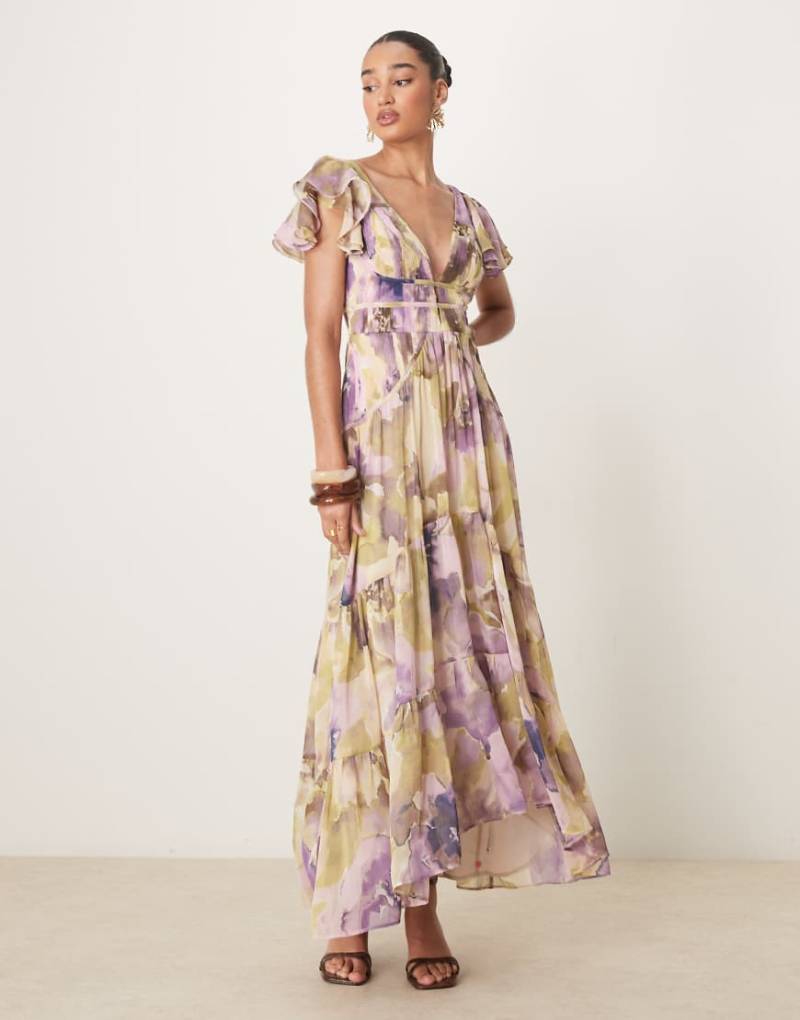 ASOS DESIGN - Gerafftes Maxikleid mit Flatterärmeln, verschwommenem Blumenmuster und nach hinten abfallendem Saum-Bunt ASOS DESIGN - Gerafftes Maxikleid mit Flatterärmeln, verschwommenem Blumenmuster und nach hinten abfallendem Saum-Bunt von ASOS DESIGN