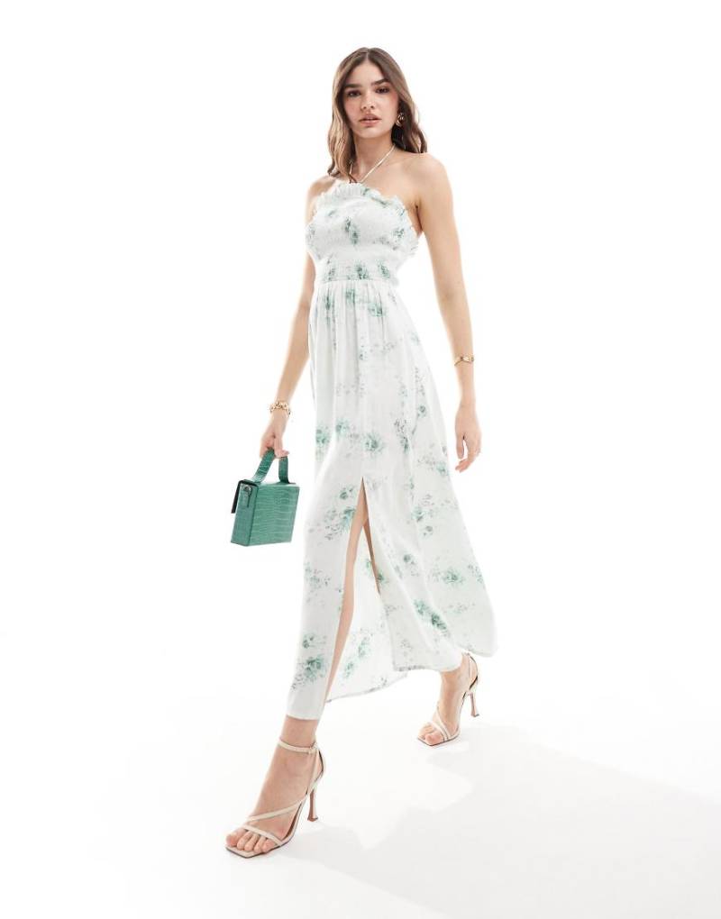 ASOS DESIGN - Gerafftes Neckholder-Maxikleid in Mint mit Blumenmuster-Bunt von ASOS DESIGN