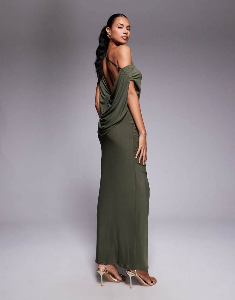 ASOS DESIGN - Gerafftes Netzstoff-Maxikleid in Khaki mit drapierter Rückseite-Grün von ASOS DESIGN