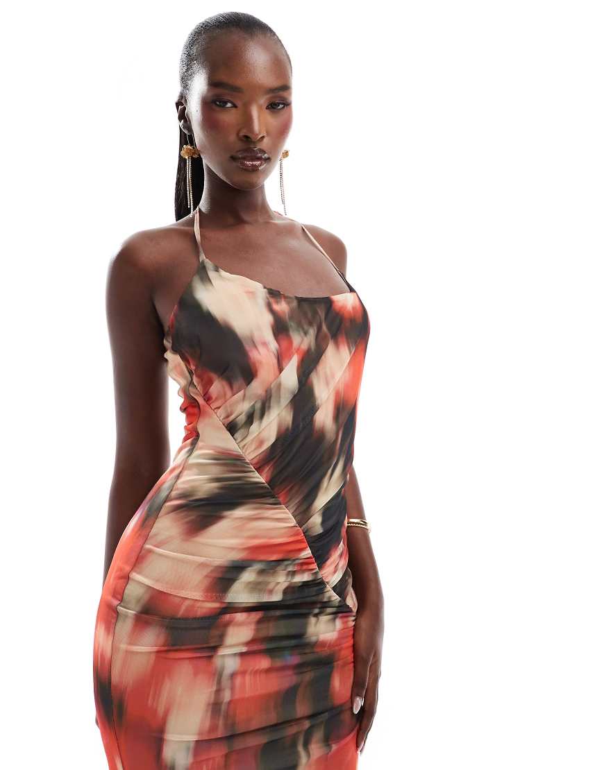 ASOS DESIGN - Gerafftes Netzstoff-Midikleid mit Knotendetail, rotem verwischtem Muster und One-Shoulder-Träger-Bunt ASOS DESIGN - Gerafftes Netzstoff-Midikleid mit Knotendetail, rotem verwischtem Muster und One-Shoulder-Träger-Bunt von ASOS DESIGN