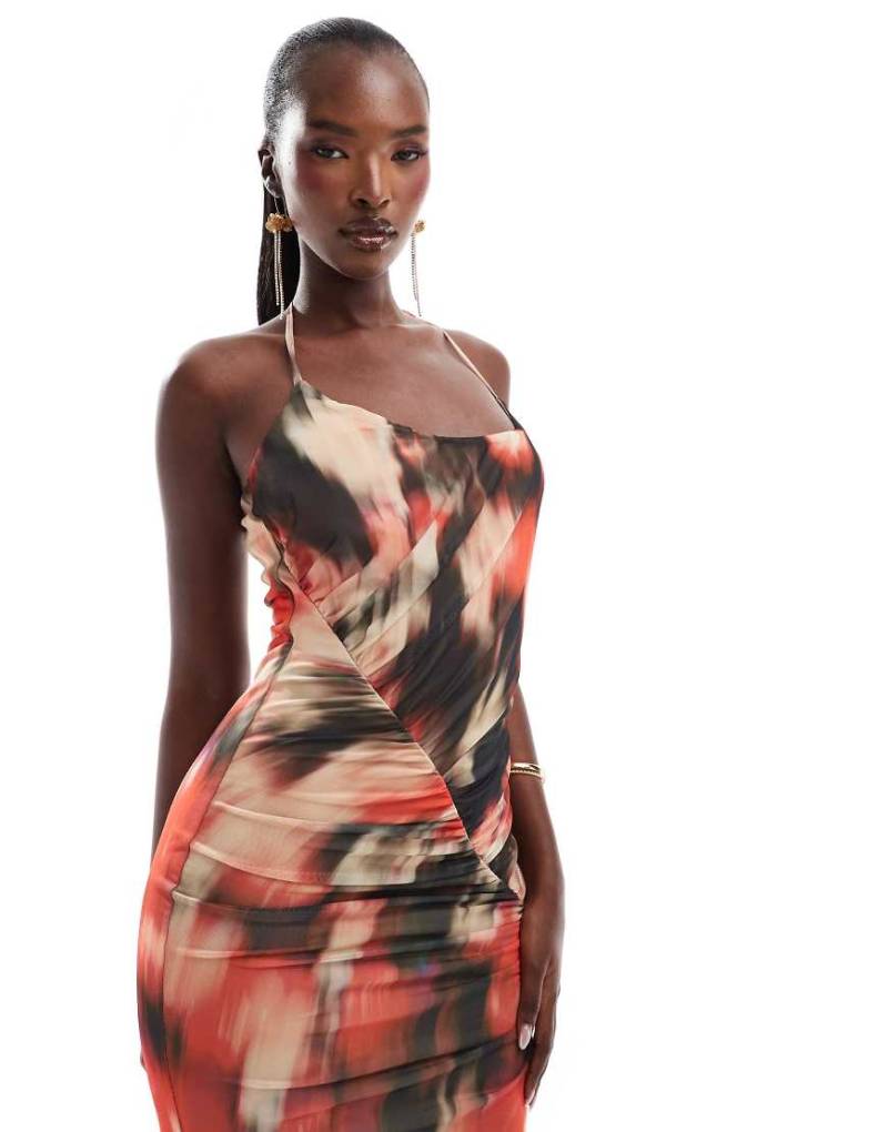 ASOS DESIGN - Gerafftes Netzstoff-Midikleid mit Knotendetail, rotem verwischtem Muster und One-Shoulder-Träger-Bunt von ASOS DESIGN