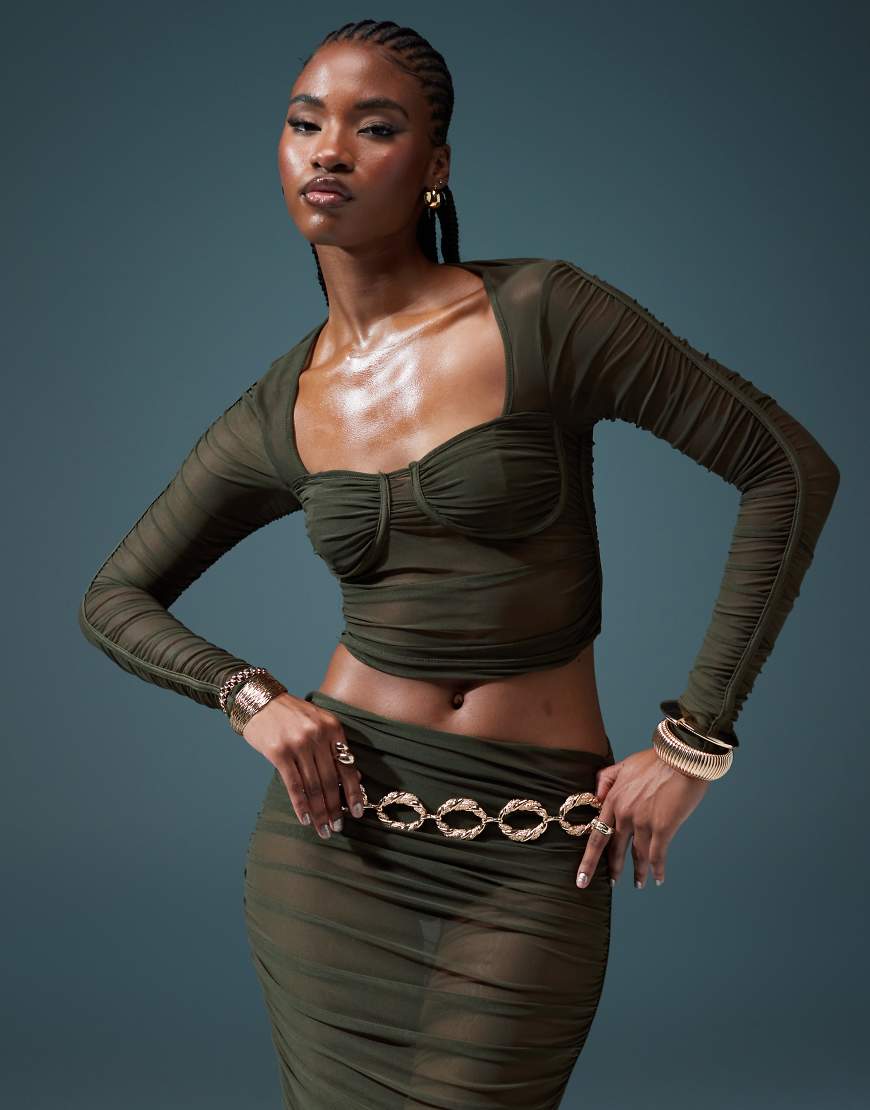 ASOS DESIGN - Gerafftes Netzstoff-Oberteil in Khaki mit Körbchen, Kombiteil-Grün von ASOS DESIGN