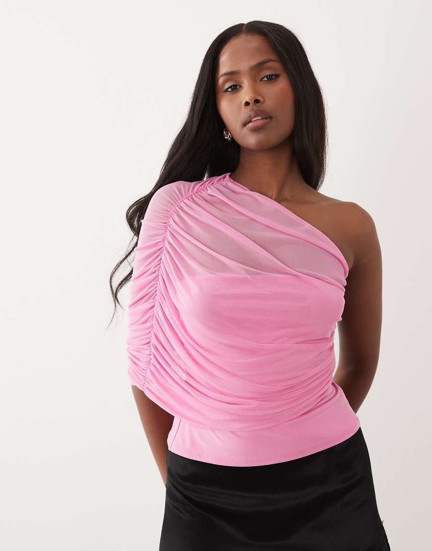 ASOS DESIGN - Gerafftes Oberteil aus Netzstoff in Rosa mit One-Shoulder-Träger von ASOS DESIGN
