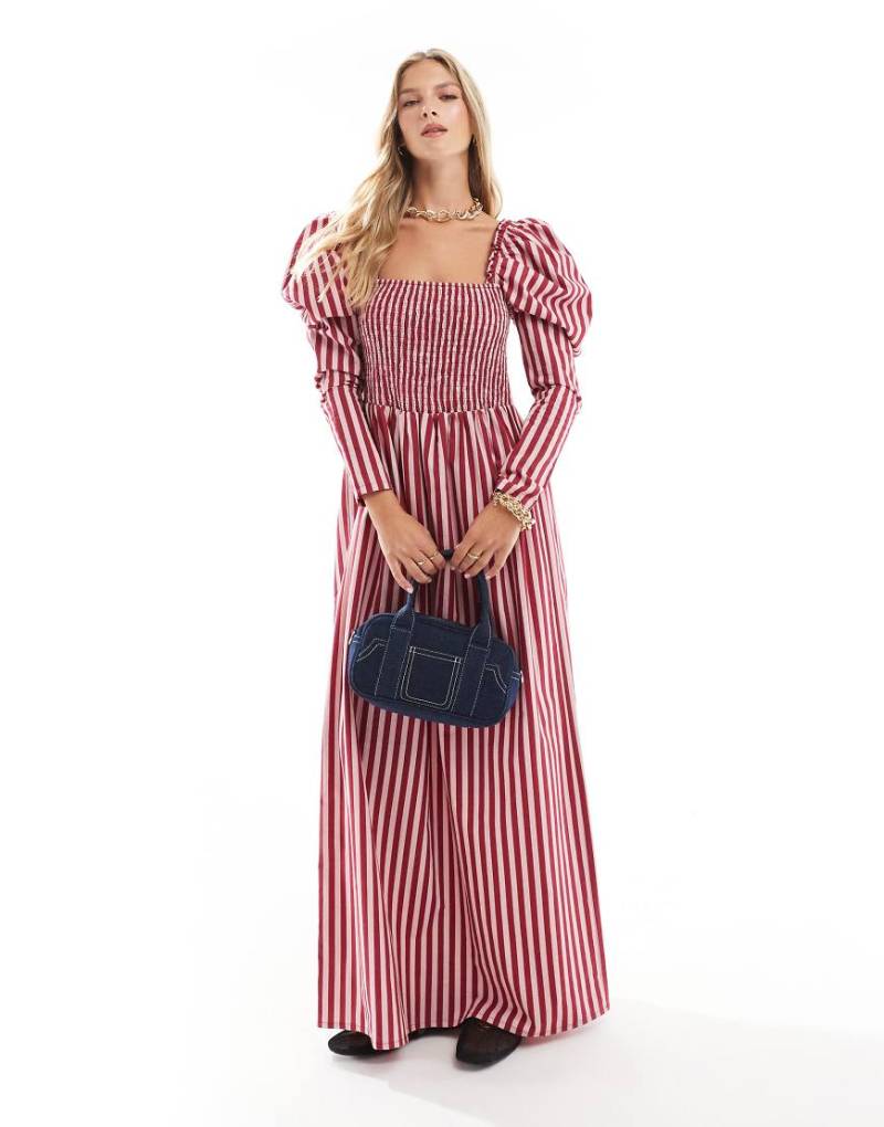 ASOS DESIGN - Gerafftes Popeline-Midaxikleid in gestreiftem Rosa-Bunt von ASOS DESIGN