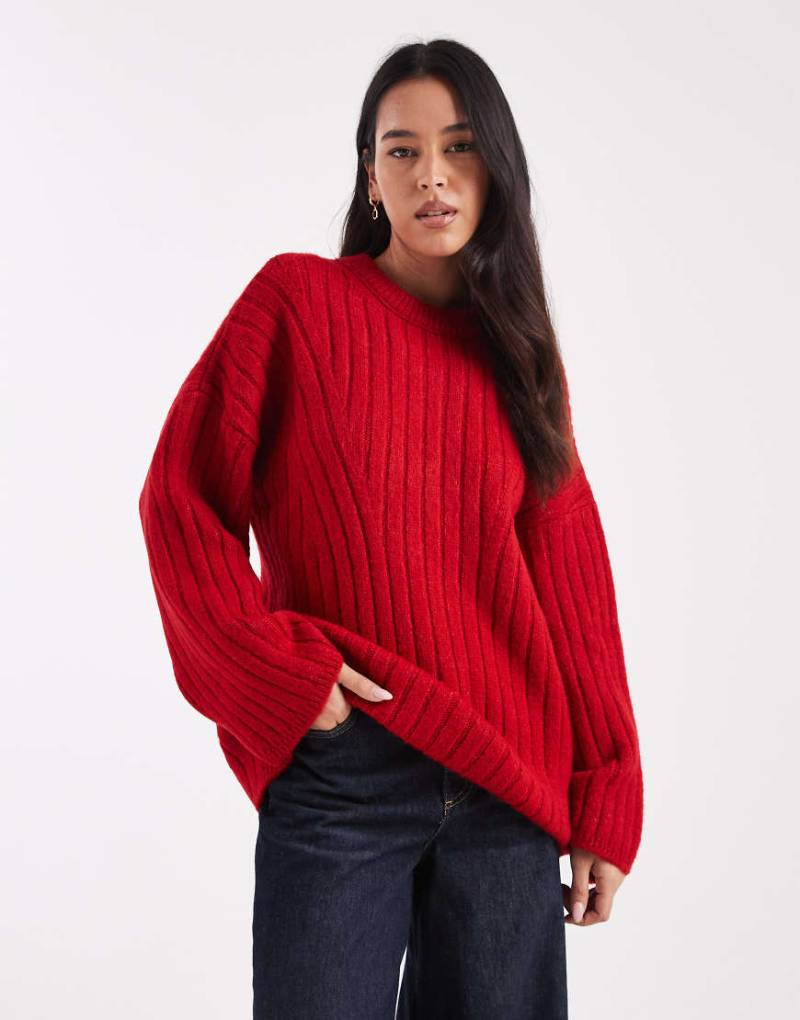 ASOS DESIGN - Gerippter Longline-Pullover in Rot mit Rundhalsausschnitt von ASOS DESIGN
