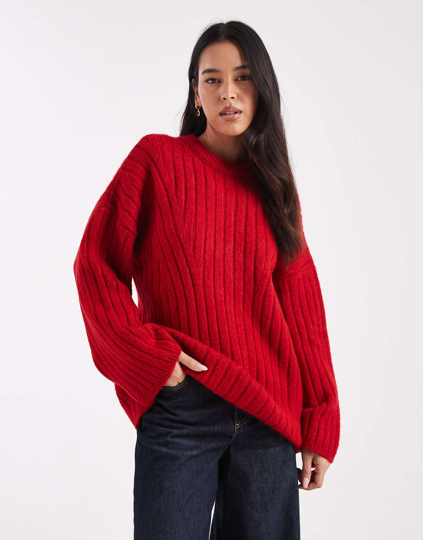 ASOS DESIGN - Gerippter Longline-Pullover in Rot mit Rundhalsausschnitt von ASOS DESIGN