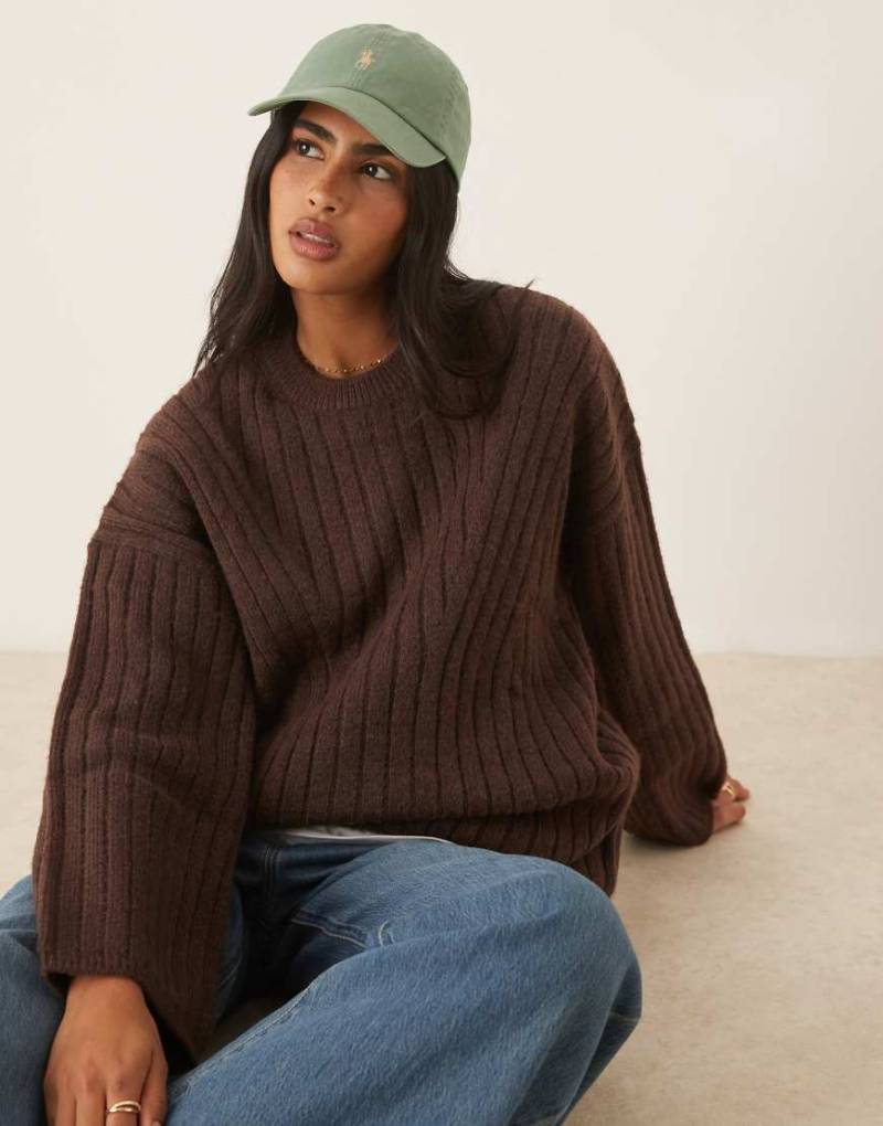 ASOS DESIGN - Gerippter Longline-Pullover in Schokobraun mit Rundhalsausschnitt-Brown von ASOS DESIGN