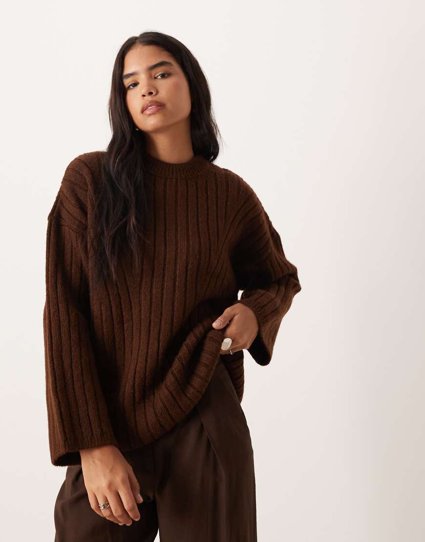 ASOS DESIGN - Gerippter Longline-Pullover in Schokobraun mit Rundhalsausschnitt-Brown von ASOS DESIGN
