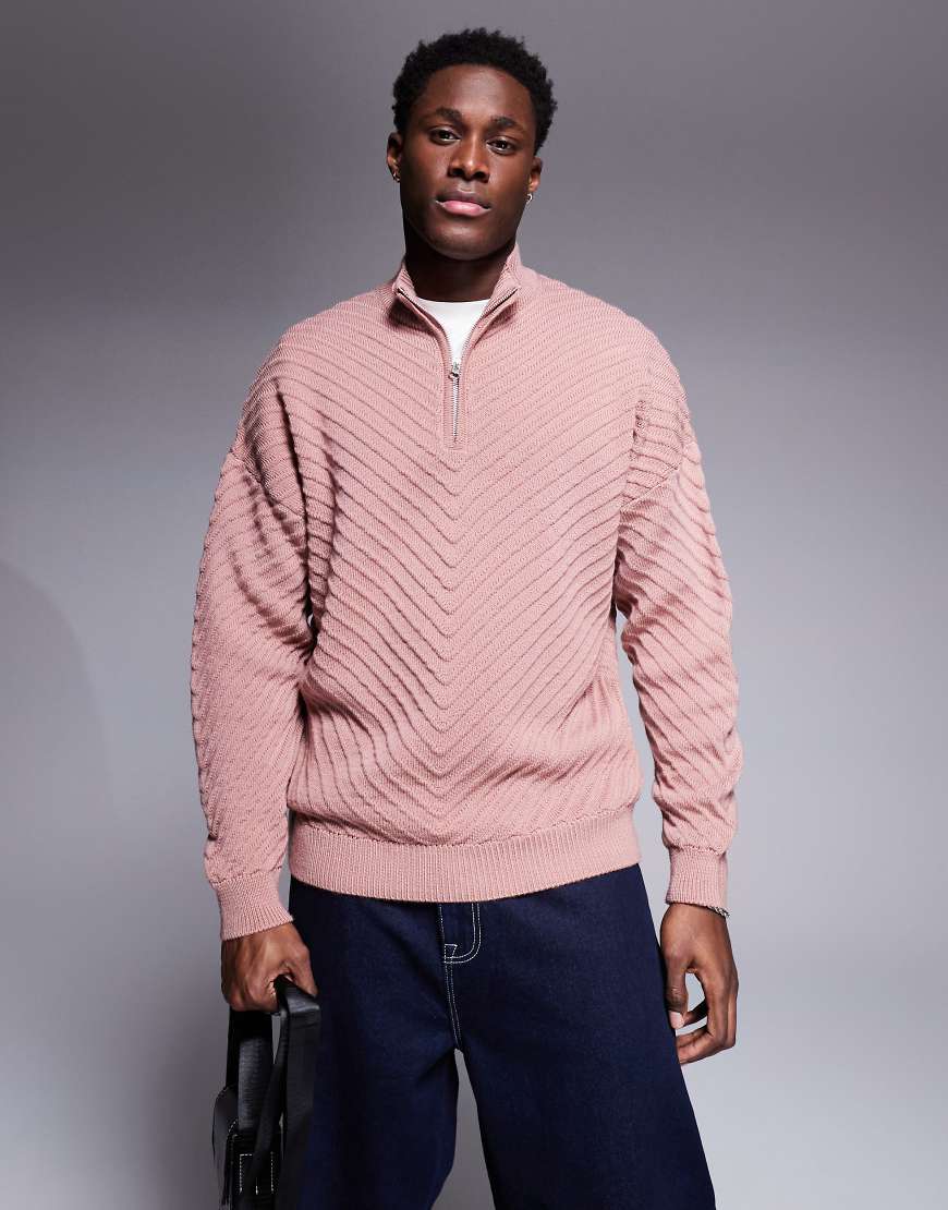 ASOS DESIGN - Gerippter Oversize-Strickpullover in Hellrosa mit Trichterkragen und kurzem Reißverschluss von ASOS DESIGN