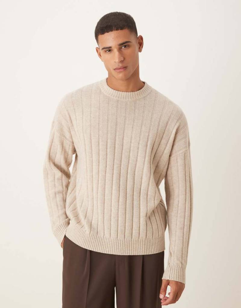 ASOS DESIGN - Gerippter Oversize-Strickpullover aus Lammwolle in meliertem Beige mit Rundhalsausschnitt-Neutral von ASOS DESIGN