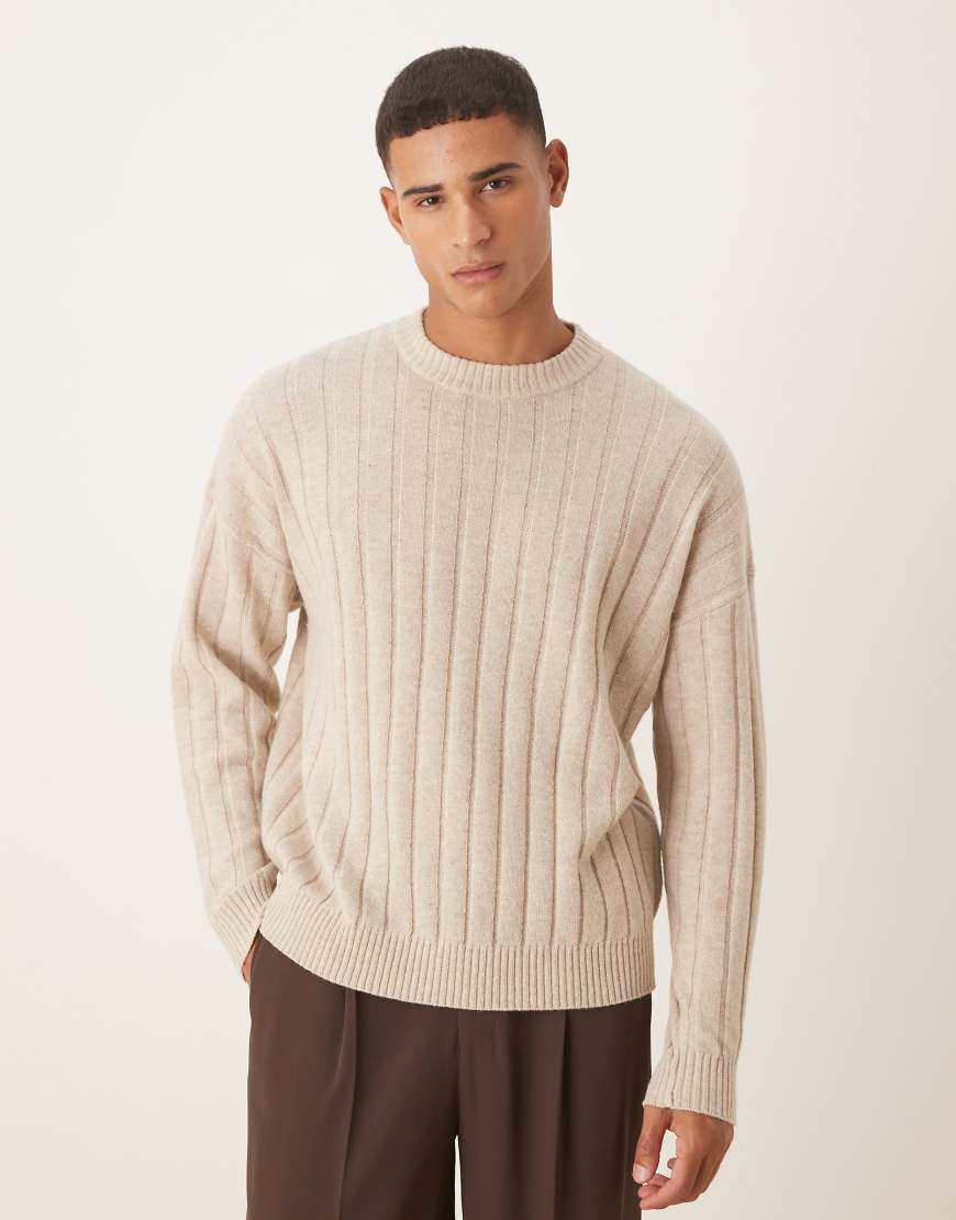 ASOS DESIGN - Gerippter Oversize-Strickpullover aus Lammwolle in meliertem Beige mit Rundhalsausschnitt-Neutral ASOS DESIGN - Gerippter Oversize-Strickpullover aus Lammwolle in meliertem Beige mit Rundhalsausschnitt-Neutral von ASOS DESIGN