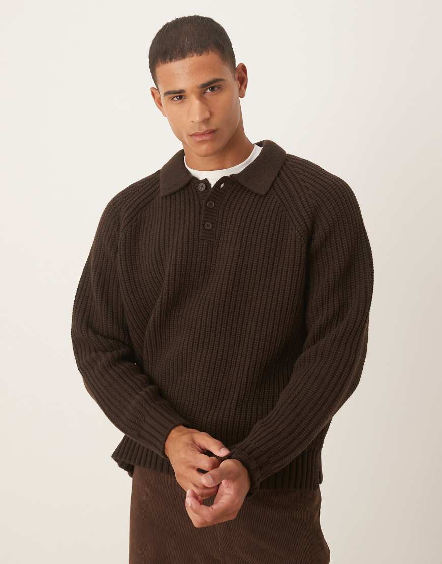 ASOS DESIGN - Gerippter Oversize-Strickpullover aus schwerem Wollmix in Braun mit Polokragen-Brown von ASOS DESIGN