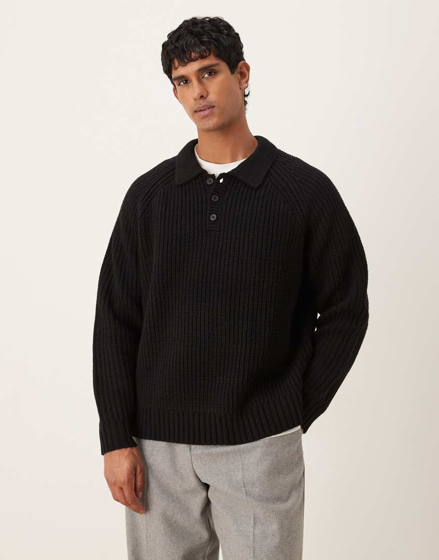 ASOS DESIGN - Gerippter Oversize-Strickpullover aus schwerem Wollmix in Schwarz mit Polokragen von ASOS DESIGN