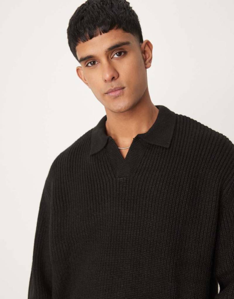ASOS DESIGN - Gerippter Oversize-Strickpullover in Schwarz mit Patentmuster und eingekerbtem Ausschnitt von ASOS DESIGN