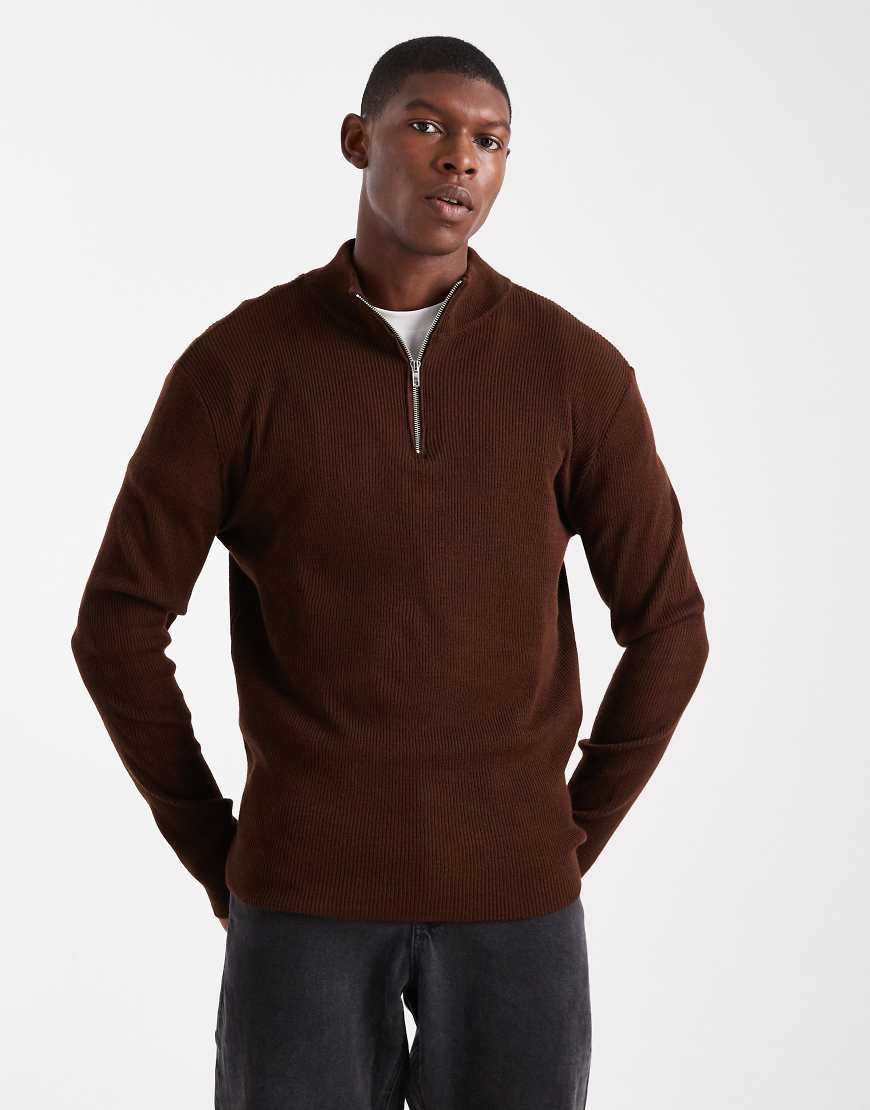 ASOS DESIGN - Gerippter Pullover aus Strick in Braun mit kurzem Reißverschluss-Brown von ASOS DESIGN