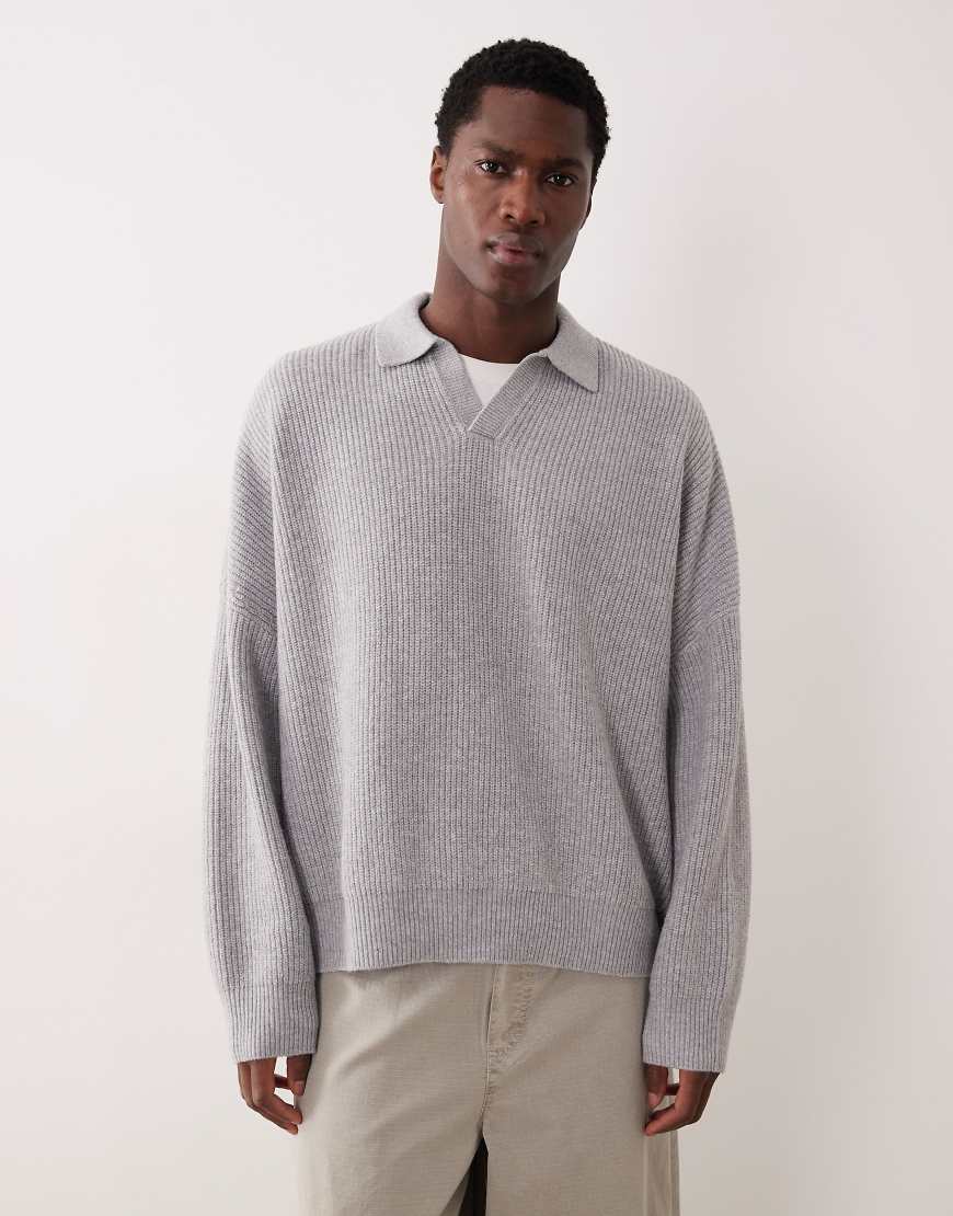 ASOS DESIGN - Gerippter Strickpullover in Hellgrau mit extremer, kastiger Oversize-Passform und eingekerbtem Ausschnitt von ASOS DESIGN